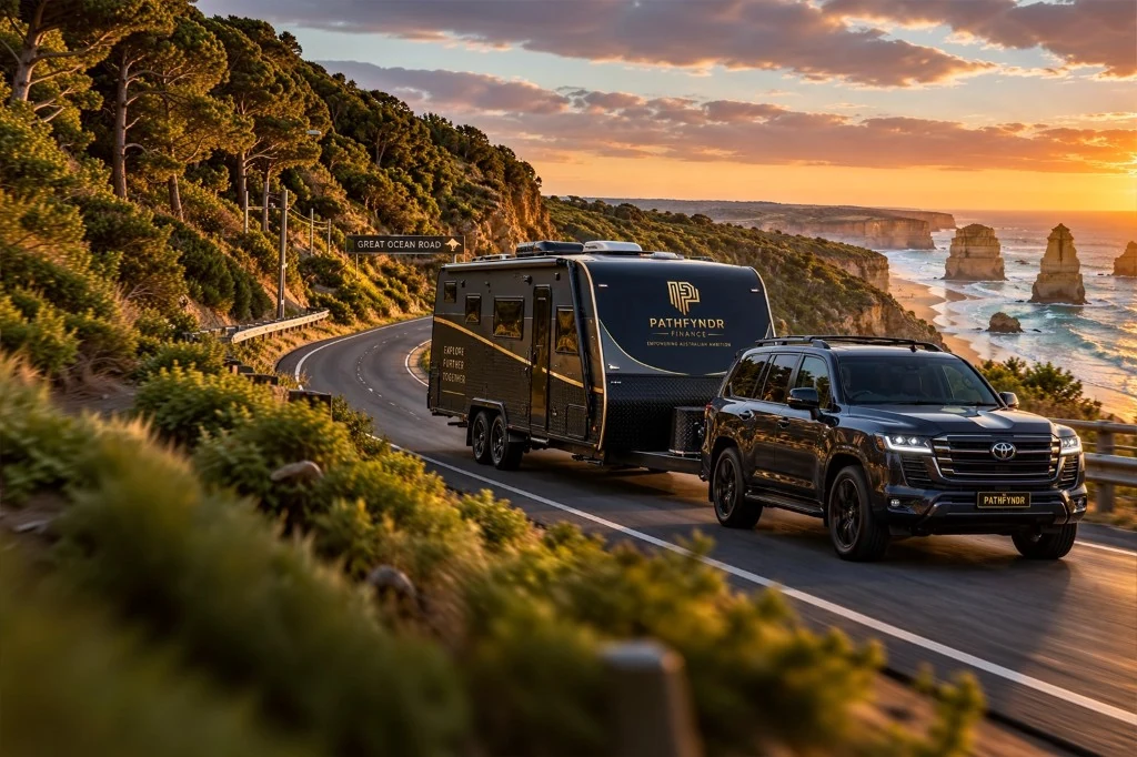 SUV towing a caravan on the Great Ocean Road