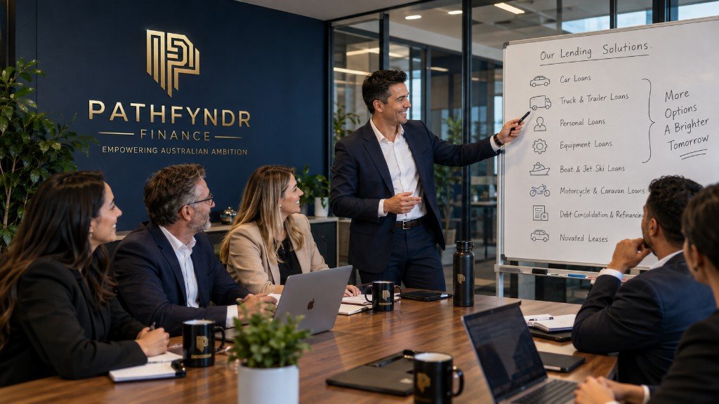 Pathfyndr Finance brokers presenting loan options in a boardroom