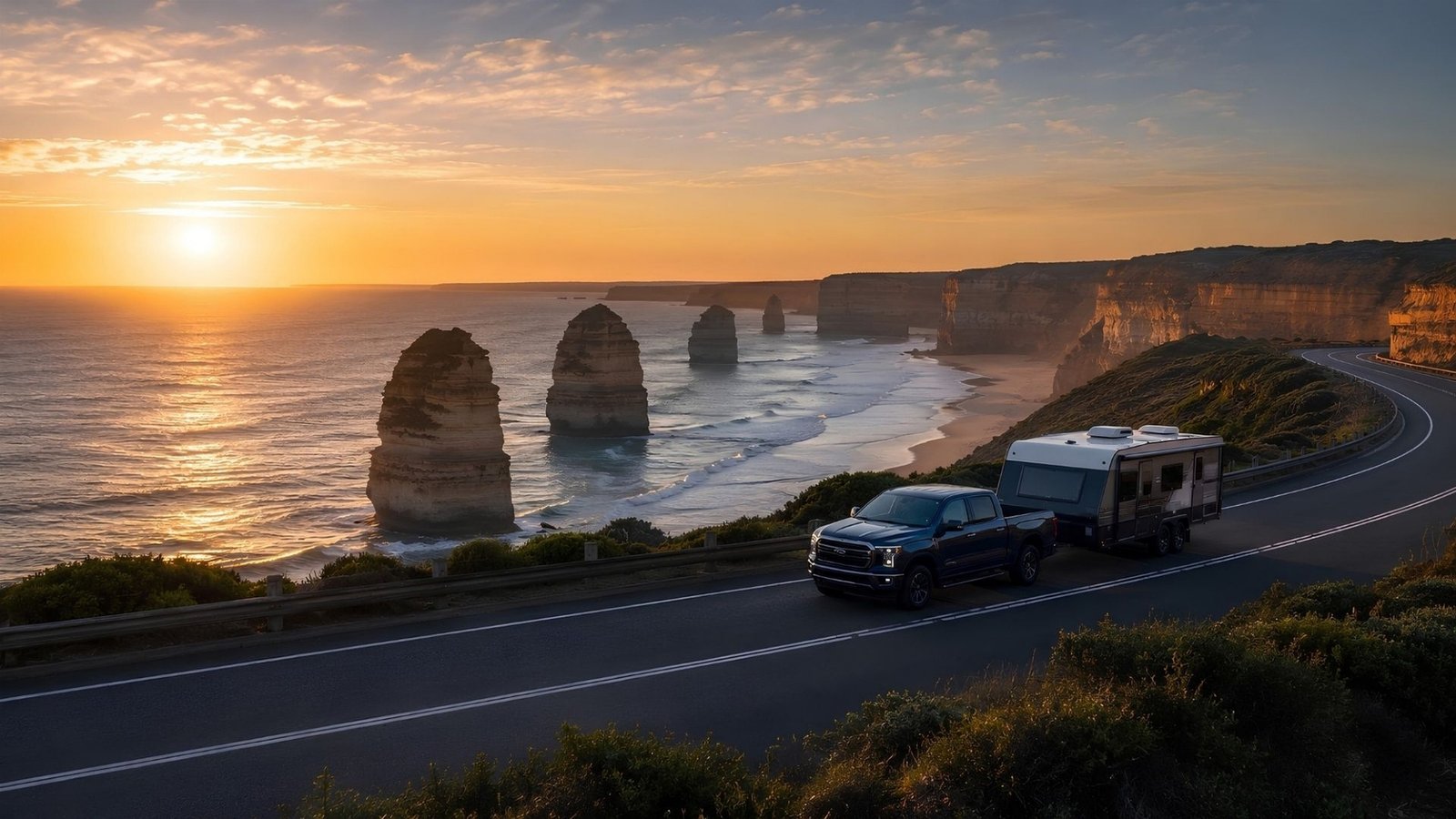 Ute towing a caravan past the Twelve Apostles at sunset
