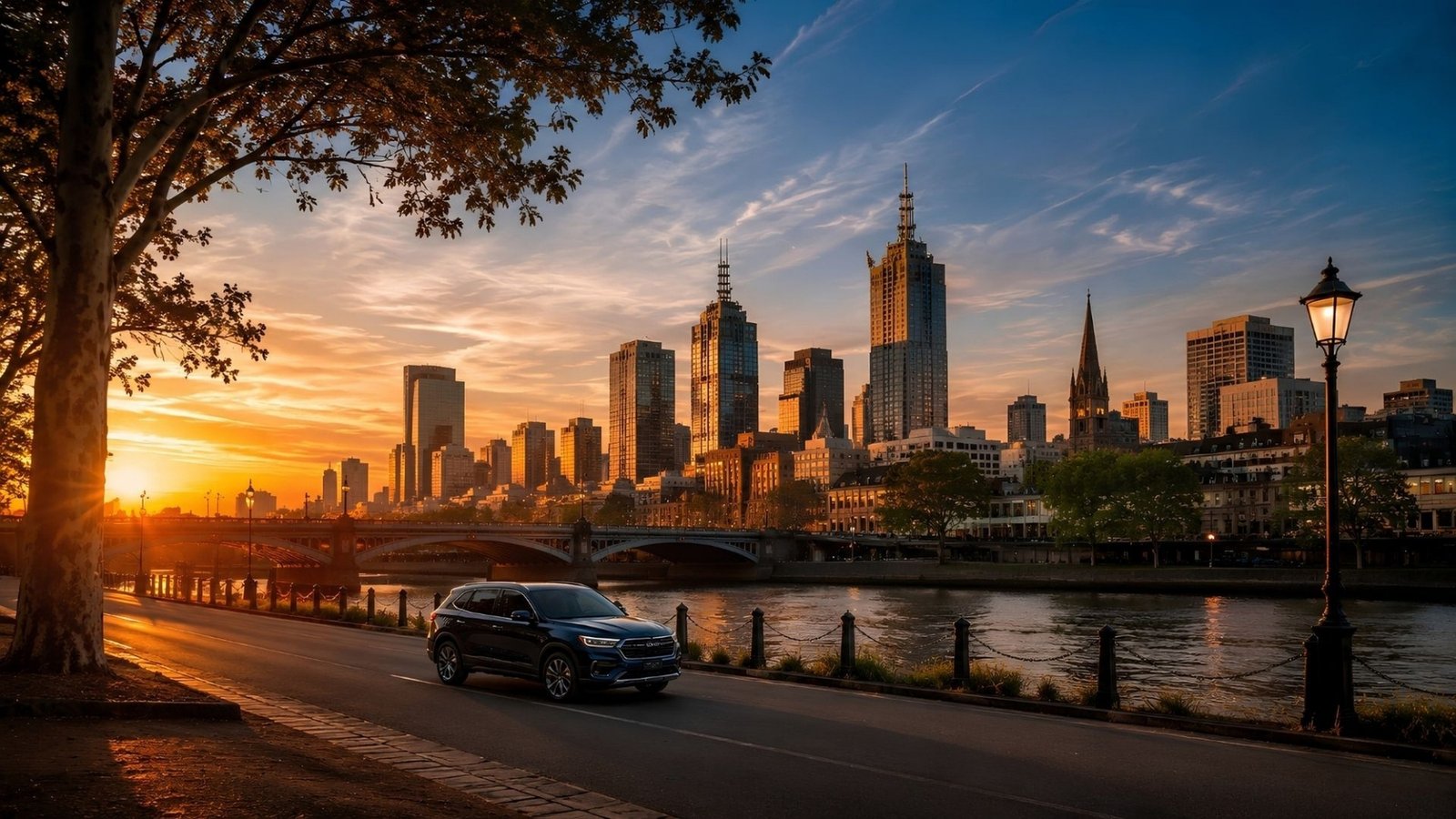 SUV driving along the Yarra with the Melbourne skyline at sunset