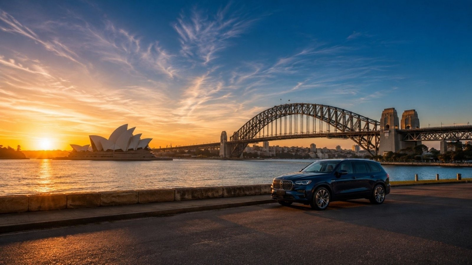 SUV by Sydney Harbour with the Opera House and Harbour Bridge at sunset