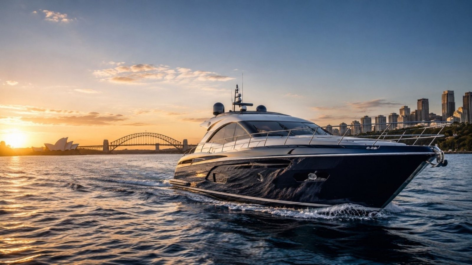 Luxury motor yacht on Sydney Harbour at sunset
