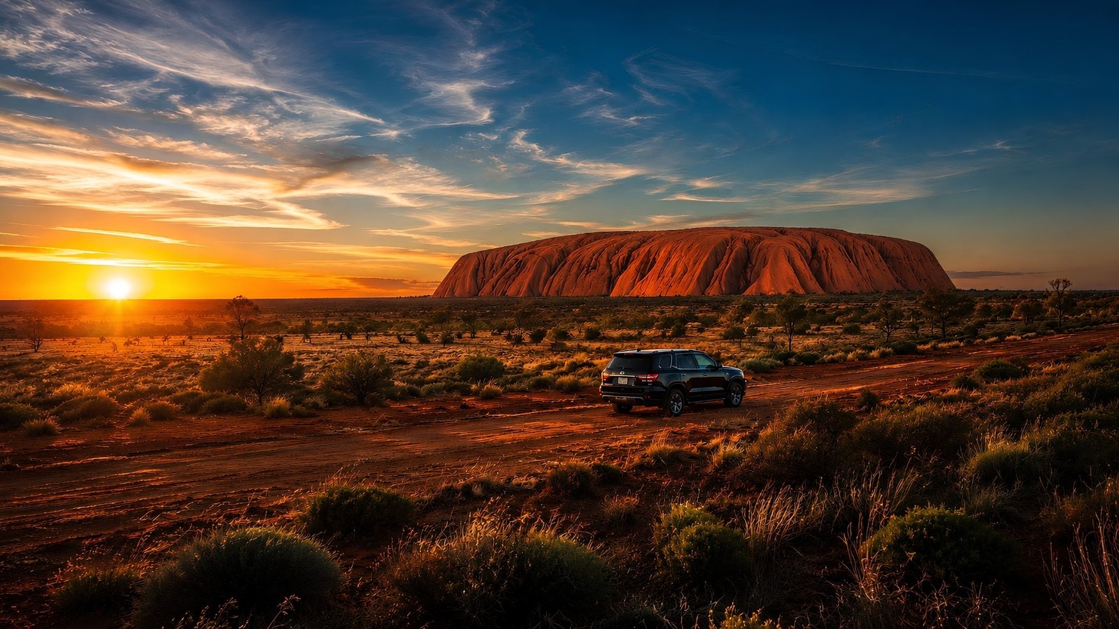 SUV on a red dirt track near Uluru at sunset