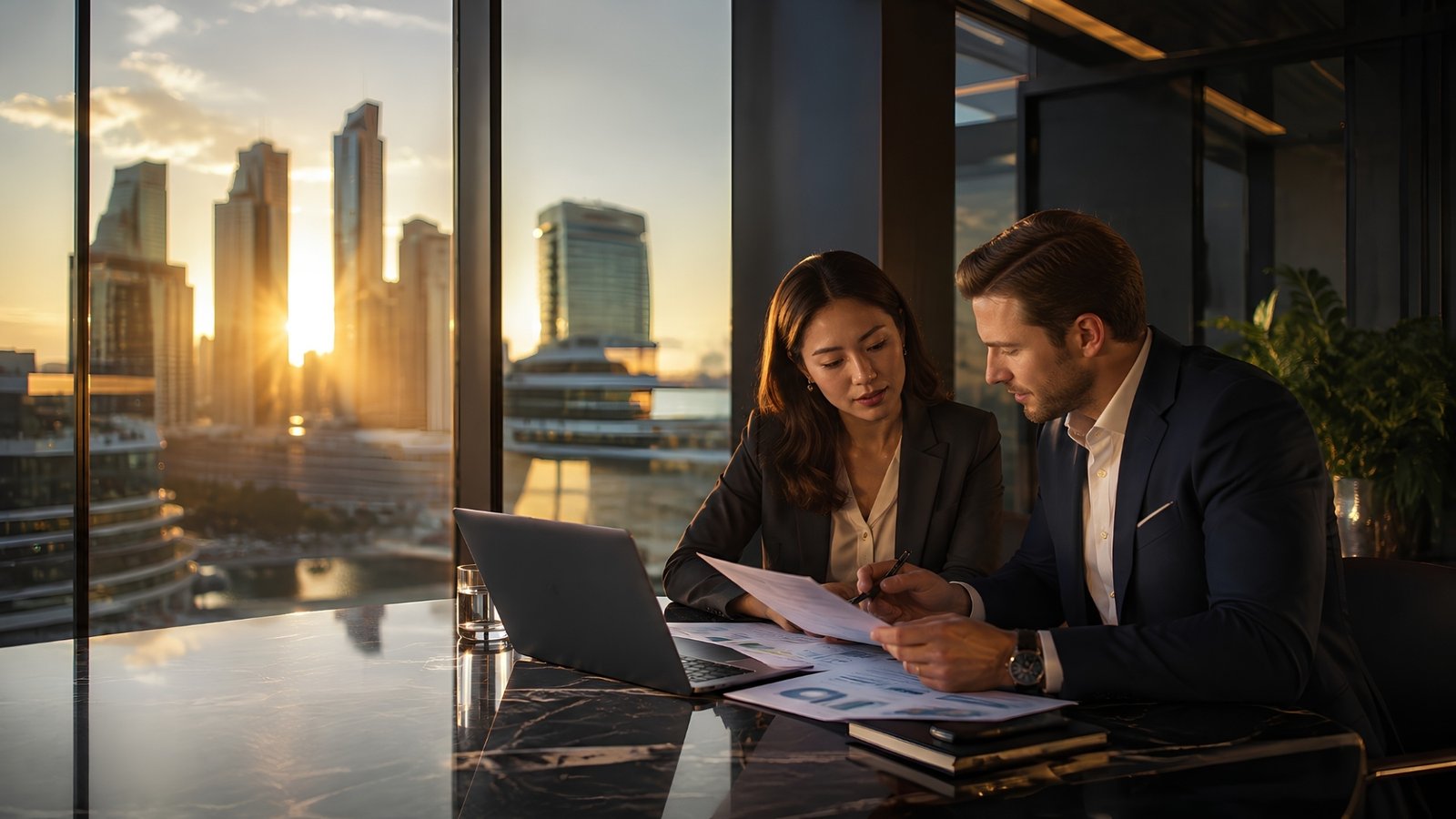 Finance brokers reviewing documents in a city office at sunset