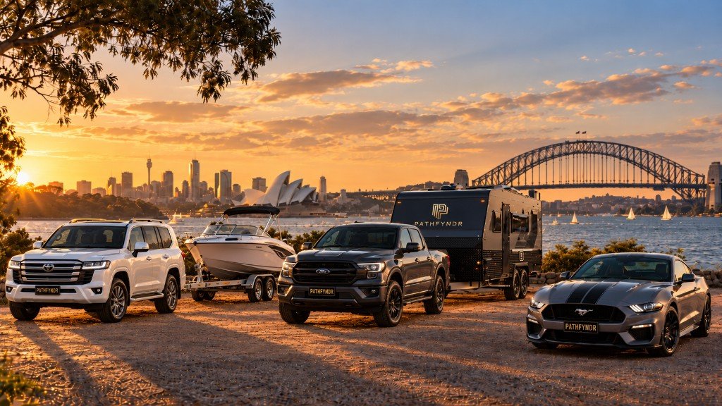 Cars, boat and caravan financed with Pathfyndr against the Sydney skyline
