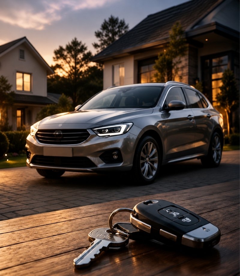Car and home keys with an SUV in the driveway